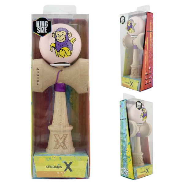 "Kendama Super Sticky X Original", металлический подшипник, веревка 62/65 см, King size 7.5 x 6 x 18 см , "Обезьянка", розовая
