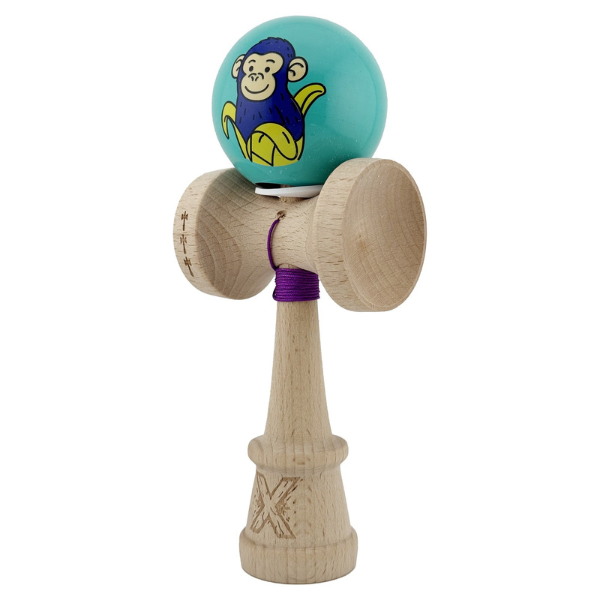 «Kendama Super Sticky X Original», rulment metalic, ața 62/65 cm, King size 7.5 x 6 x 18 cm, „Maimuță", turcoaz