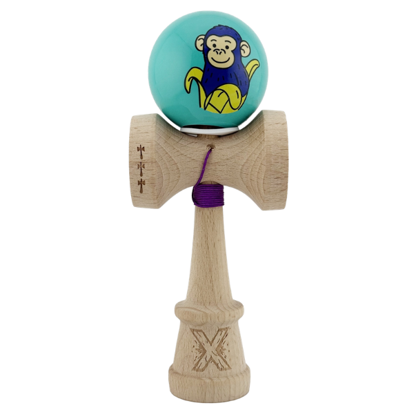«Kendama Super Sticky X Original», rulment metalic, ața 62/65 cm, King size 7.5 x 6 x 18 cm, „Maimuță", turcoaz