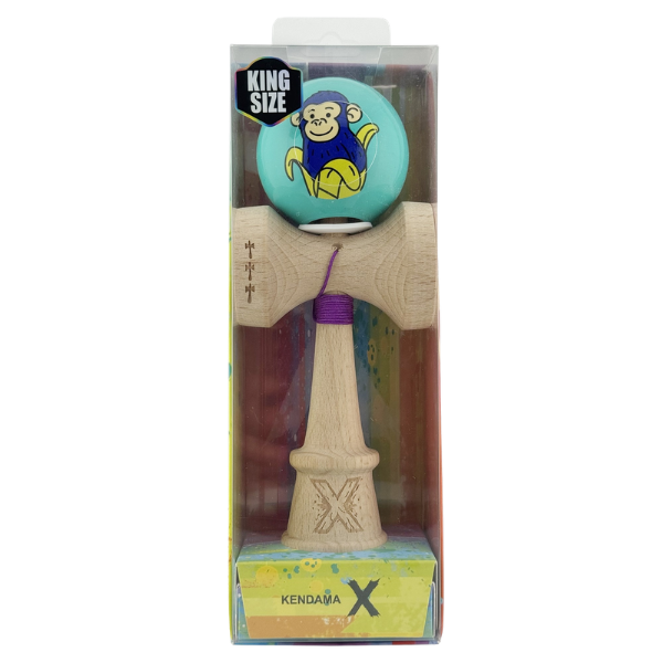 «Kendama Super Sticky X Original», rulment metalic, ața 62/65 cm, King size 7.5 x 6 x 18 cm, „Maimuță", turcoaz