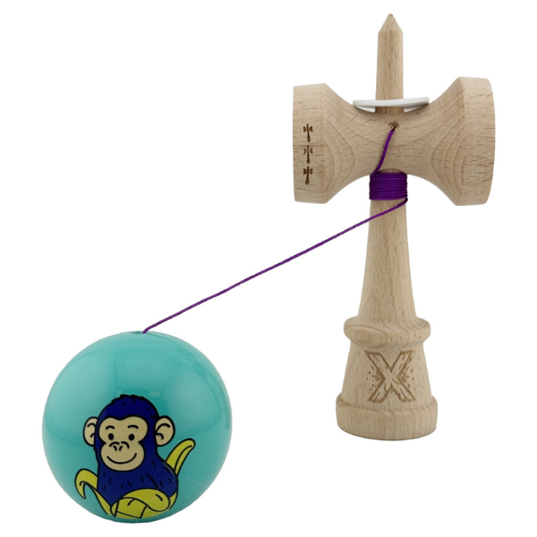 «Kendama Super Sticky X Original», rulment metalic, ața 62/65 cm, King size 7.5 x 6 x 18 cm, „Maimuță", turcoaz