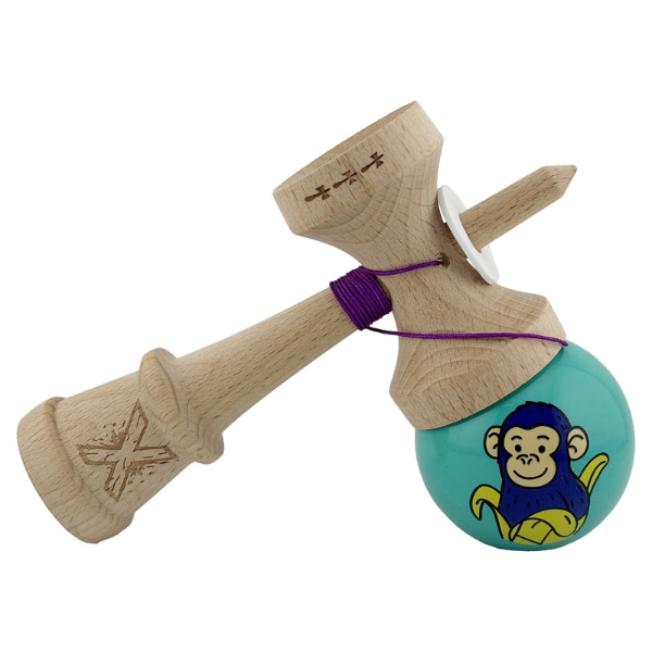 «Kendama Super Sticky X Original», rulment metalic, ața 62/65 cm, King size 7.5 x 6 x 18 cm, „Maimuță", turcoaz