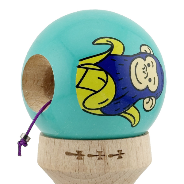 «Kendama Super Sticky X Original», rulment metalic, ața 62/65 cm, King size 7.5 x 6 x 18 cm, „Maimuță", turcoaz