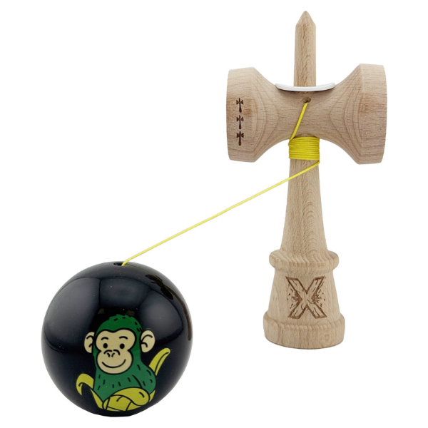 "Kendama Super Sticky X Original", металлический подшипник, веревка 62/65 см, King size 7.5 x 6 x 18 см , "Обезьянка", черная