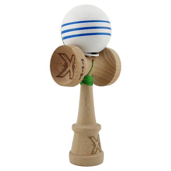 "Kendama Flippy X Original", profesională, rulment metalic, ața 62/65 cm, ultra aderent, cupe mari, King Size 7.5 х 6 х 18 cm, alb-albastru