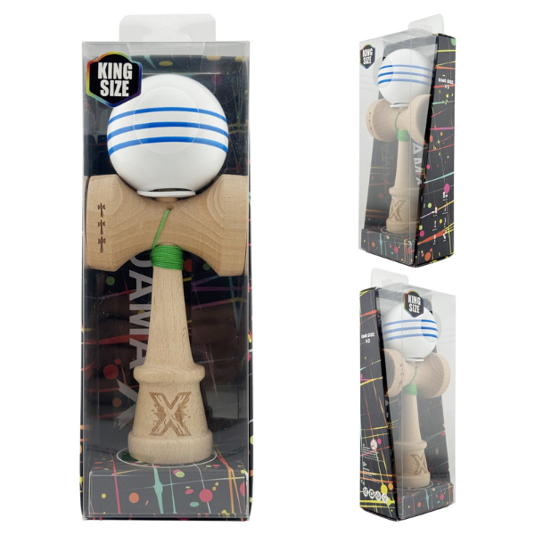 "Kendama Flippy X Original", profesională, rulment metalic, ața 62/65 cm, ultra aderent, cupe mari, King Size 7.5 х 6 х 18 cm, alb-albastru