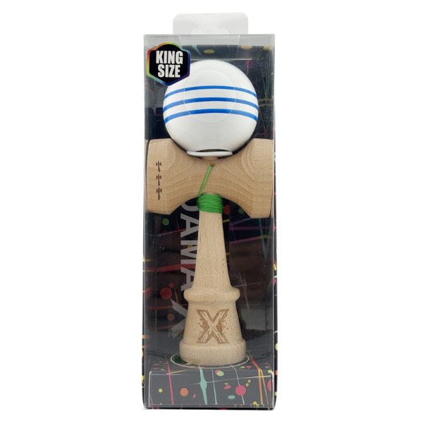 "Kendama Flippy X Original", profesională, rulment metalic, ața 62/65 cm, ultra aderent, cupe mari, King Size 7.5 х 6 х 18 cm, alb-albastru