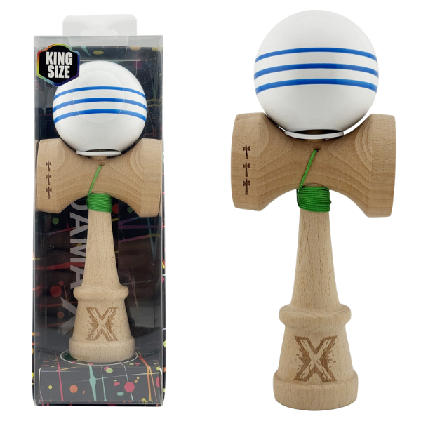 "Kendama Flippy X Original", profesională, rulment metalic, ața 62/65 cm, ultra aderent, cupe mari, King Size 7.5 х 6 х 18 cm, alb-albastru