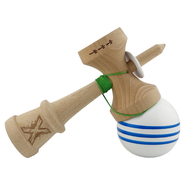 "Kendama Flippy X Original", profesională, rulment metalic, ața 62/65 cm, ultra aderent, cupe mari, King Size 7.5 х 6 х 18 cm, alb-albastru