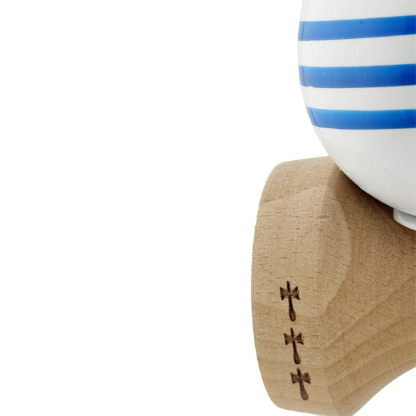"Kendama Flippy X Original", profesională, rulment metalic, ața 62/65 cm, ultra aderent, cupe mari, King Size 7.5 х 6 х 18 cm, alb-albastru