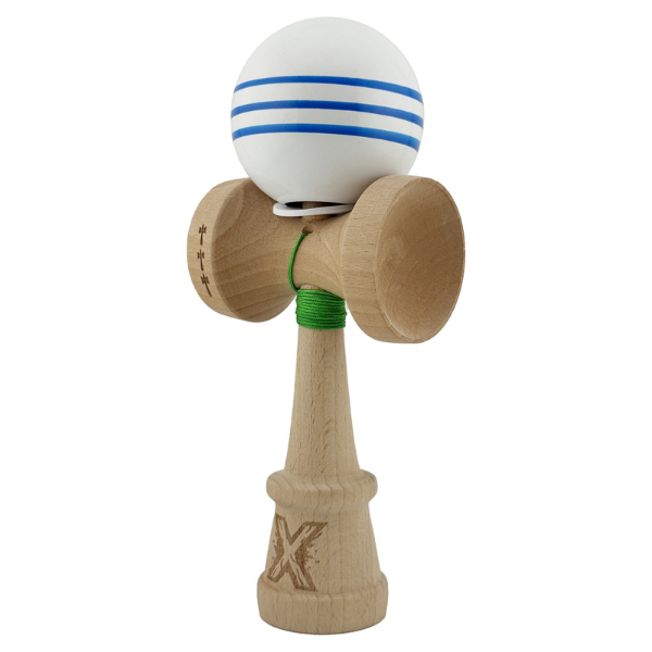 "Kendama Flippy X Original", profesională, rulment metalic, ața 62/65 cm, ultra aderent, cupe mari, King Size 7.5 х 6 х 18 cm, alb-albastru