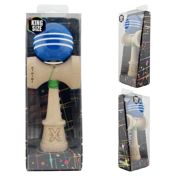 "Kendama Flippy X Original", profesională, rulment metalic, ața 62/65 cm, ultra aderent, cupe mari, King Size 7.5 х 6 х 18 cm, albastru-alb