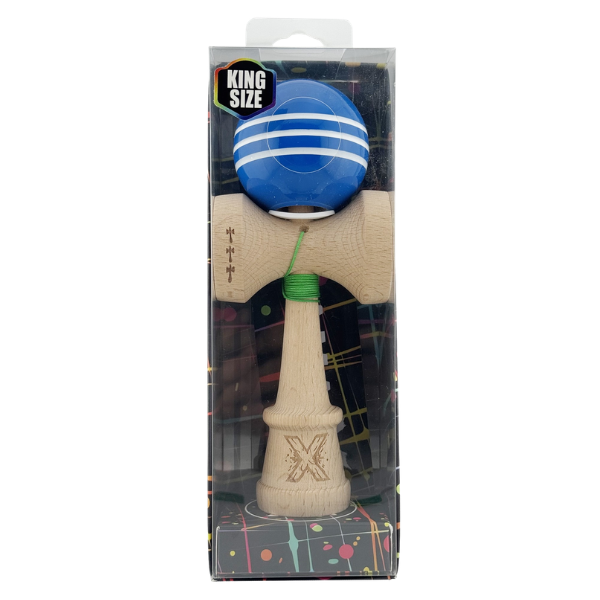 "Kendama Flippy X Original", profesională, rulment metalic, ața 62/65 cm, ultra aderent, cupe mari, King Size 7.5 х 6 х 18 cm, albastru-alb