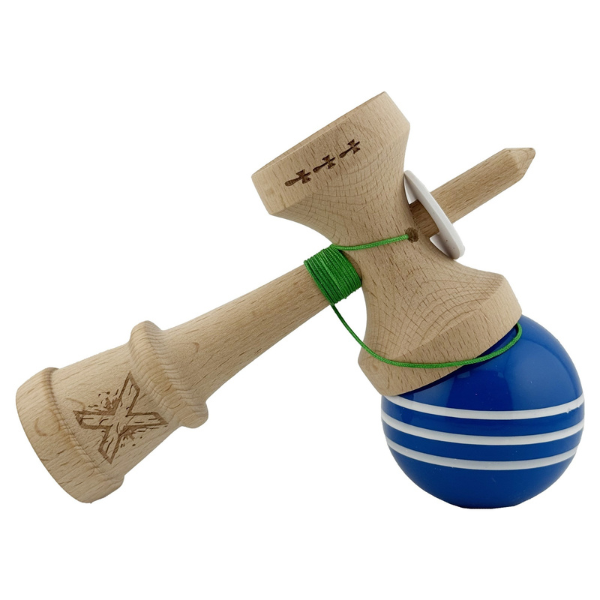"Kendama Flippy X Original", profesională, rulment metalic, ața 62/65 cm, ultra aderent, cupe mari, King Size 7.5 х 6 х 18 cm, albastru-alb