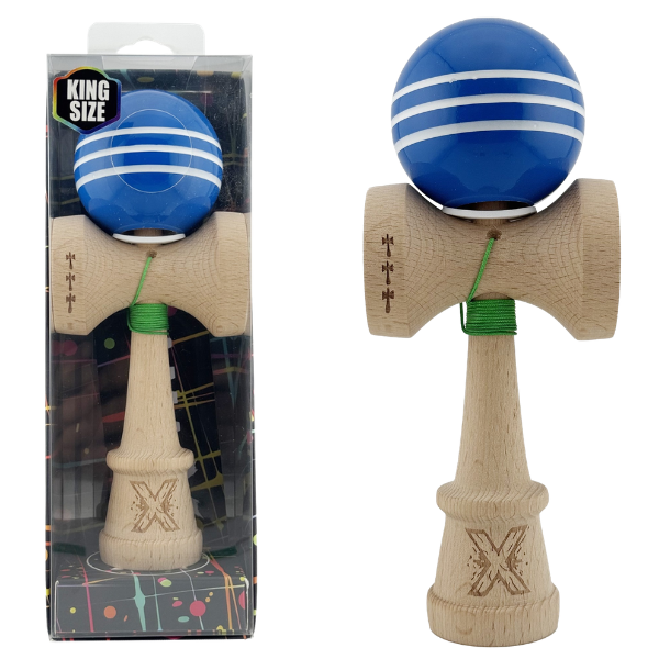 "Kendama Flippy X Original", profesională, rulment metalic, ața 62/65 cm, ultra aderent, cupe mari, King Size 7.5 х 6 х 18 cm, albastru-alb