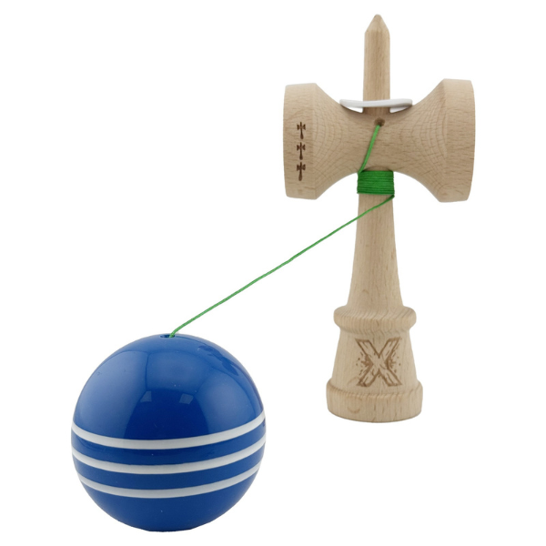 "Kendama Flippy X Original", profesională, rulment metalic, ața 62/65 cm, ultra aderent, cupe mari, King Size 7.5 х 6 х 18 cm, albastru-alb