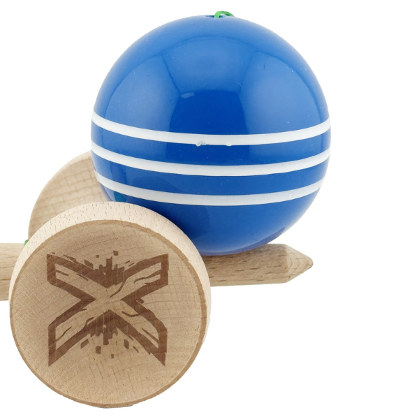 "Kendama Flippy X Original", profesională, rulment metalic, ața 62/65 cm, ultra aderent, cupe mari, King Size 7.5 х 6 х 18 cm, albastru-alb