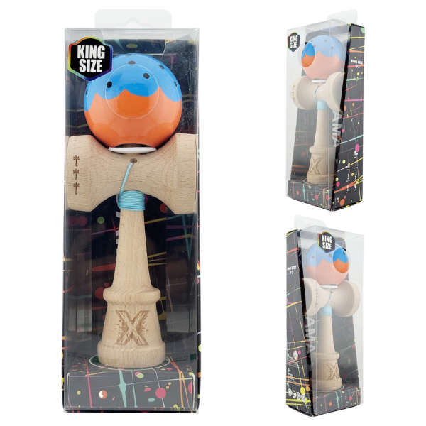 "Kendama Flippy X Original", profesională, rulment metalic, ața 62/65 cm, ultra aderent, cupe mari, King Size 7.5 х 6 х 18 cm, albastru-portocaliu