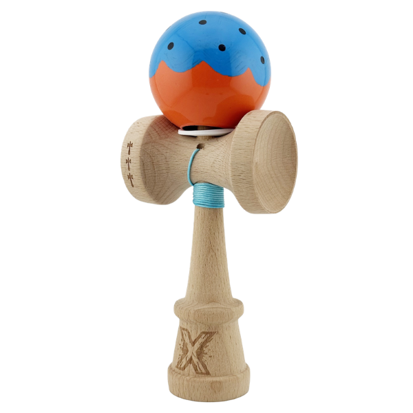 "Kendama Flippy X Original", profesională, rulment metalic, ața 62/65 cm, ultra aderent, cupe mari, King Size 7.5 х 6 х 18 cm, albastru-portocaliu