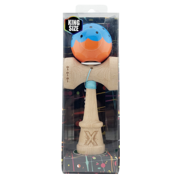 "Kendama Flippy X Original", profesională, rulment metalic, ața 62/65 cm, ultra aderent, cupe mari, King Size 7.5 х 6 х 18 cm, albastru-portocaliu
