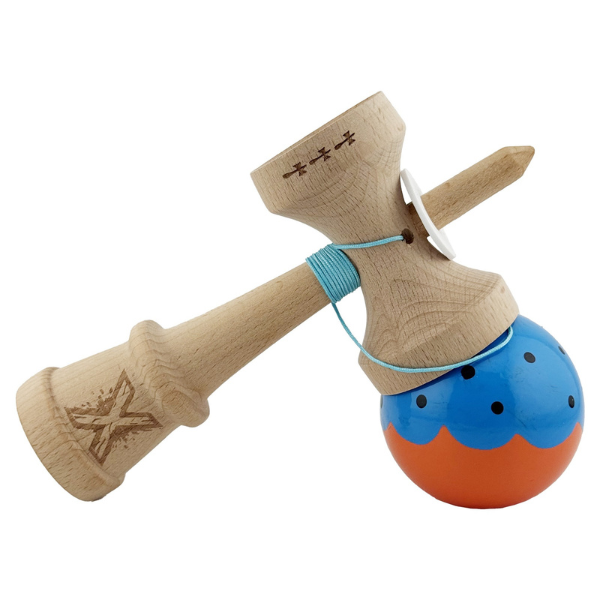 "Kendama Flippy X Original", profesională, rulment metalic, ața 62/65 cm, ultra aderent, cupe mari, King Size 7.5 х 6 х 18 cm, albastru-portocaliu
