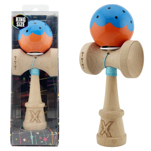 "Kendama Flippy X Original", profesională, rulment metalic, ața 62/65 cm, ultra aderent, cupe mari, King Size 7.5 х 6 х 18 cm, albastru-portocaliu