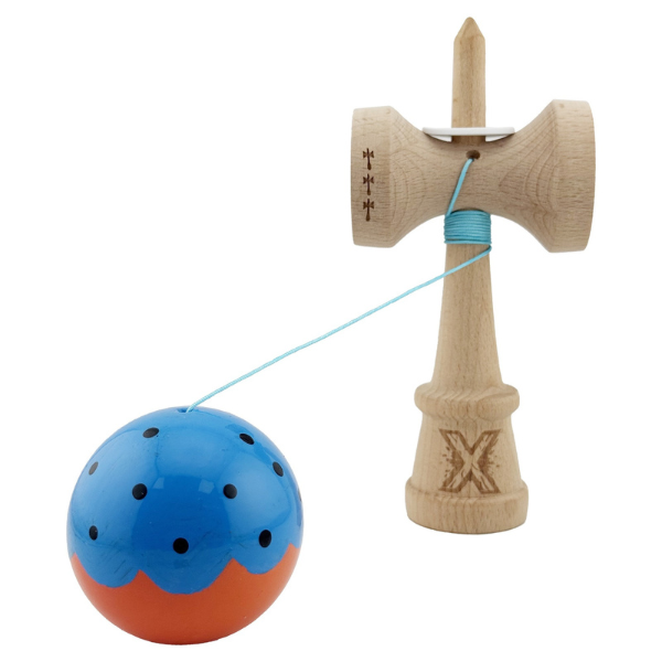"Kendama Flippy X Original", profesională, rulment metalic, ața 62/65 cm, ultra aderent, cupe mari, King Size 7.5 х 6 х 18 cm, albastru-portocaliu