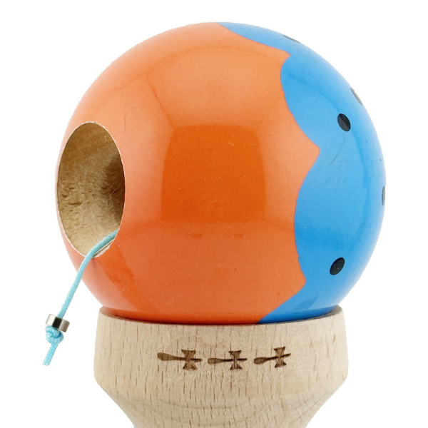 "Kendama Flippy X Original", profesională, rulment metalic, ața 62/65 cm, ultra aderent, cupe mari, King Size 7.5 х 6 х 18 cm, albastru-portocaliu