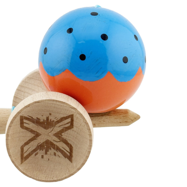 "Kendama Flippy X Original", profesională, rulment metalic, ața 62/65 cm, ultra aderent, cupe mari, King Size 7.5 х 6 х 18 cm, albastru-portocaliu