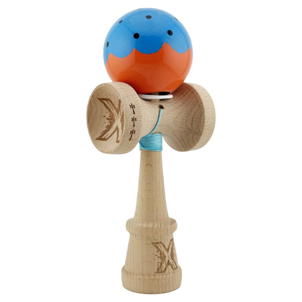 "Kendama Flippy X Original", profesională, rulment metalic, ața 62/65 cm, ultra aderent, cupe mari, King Size 7.5 х 6 х 18 cm, albastru-portocaliu