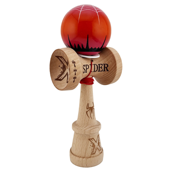 «Kendama Super Sticky X Original», rulment metalic, ața 62/65 cm, King size 7.5 x 6 x 18 cm, "Păianjen" roșie