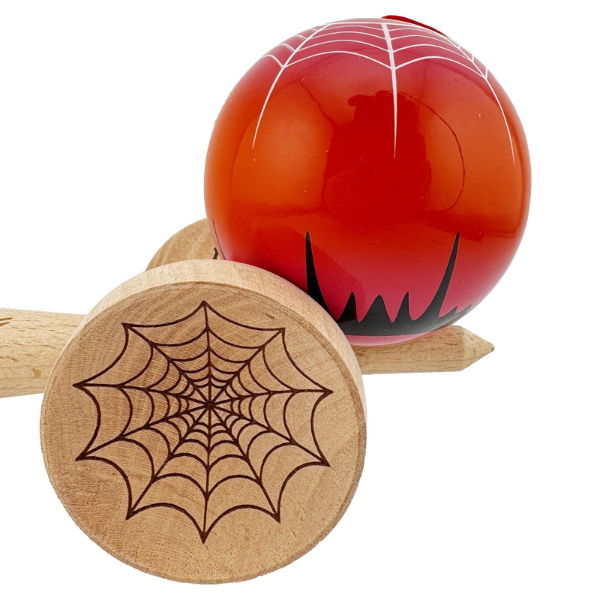 «Kendama Super Sticky X Original», rulment metalic, ața 62/65 cm, King size 7.5 x 6 x 18 cm, "Păianjen" roșie