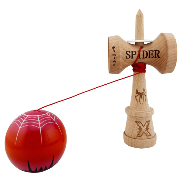 «Kendama Super Sticky X Original», rulment metalic, ața 62/65 cm, King size 7.5 x 6 x 18 cm, "Păianjen" roșie