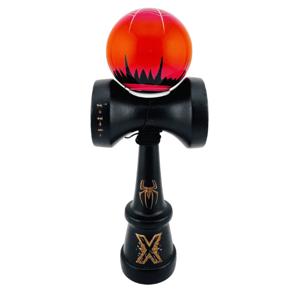 «Kendama Super Sticky X Original», rulment metalic, ața 62/65 cm, King size 7.5 x 6 x 18 cm, "Păianjen" negru-roșu