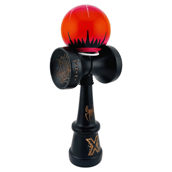 «Kendama Super Sticky X Original», rulment metalic, ața 62/65 cm, King size 7.5 x 6 x 18 cm, "Păianjen" negru-roșu