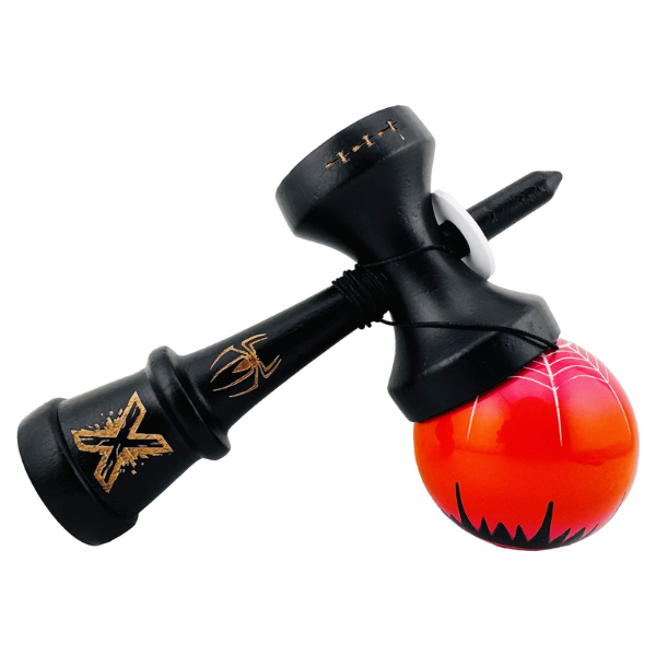 «Kendama Super Sticky X Original», rulment metalic, ața 62/65 cm, King size 7.5 x 6 x 18 cm, "Păianjen" negru-roșu