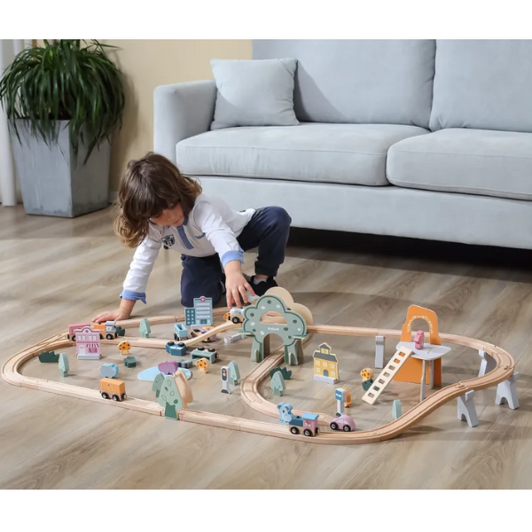 Calea ferata din lemn cu tren si accesorii, 90 elem.