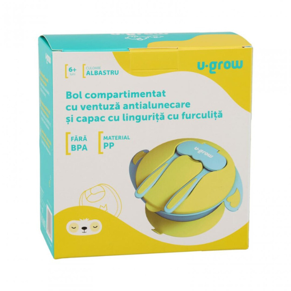 Bol compartimentat cu ventuză antialunecare și capac cu linguriță și furculiță, Albastru
