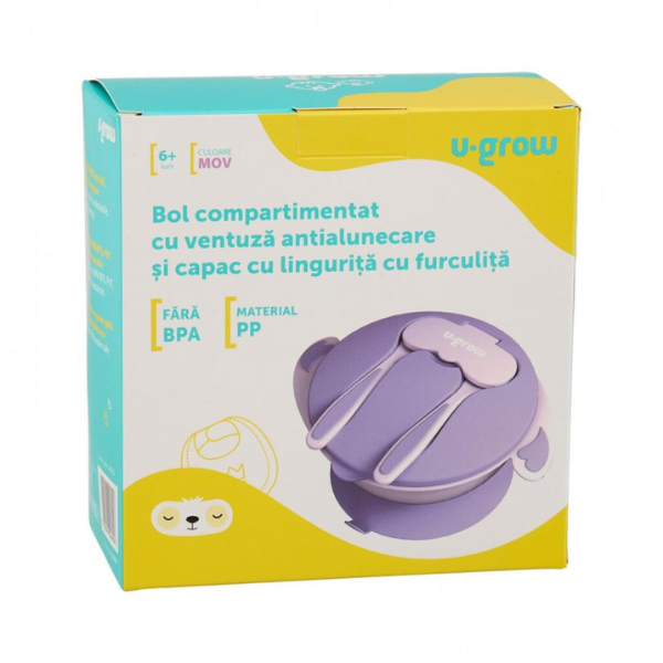 Bol compartimentat cu ventuză antialunecare și capac cu linguriță și furculiță, Mov