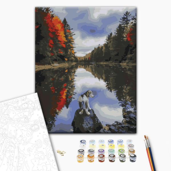 Pictură pe numere 40*50 cm (în cutie) – Căţelul de lângă lac