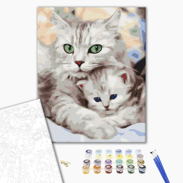 Pictură pe numere 40x50 cm (în cutie) - Pisica mamă cu pisoiașul