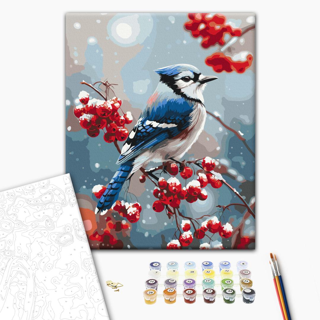 Pictură pe numere 40*50 cm (în cutie) – Pasăre pe ramura înghețată.