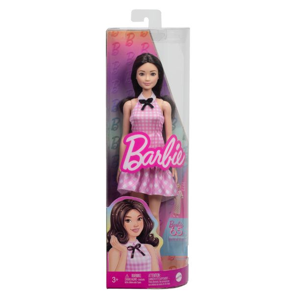 Кукла Barbie "Модница в розовое платье в клетку с милыми рюшами и бантиком на воротнике"