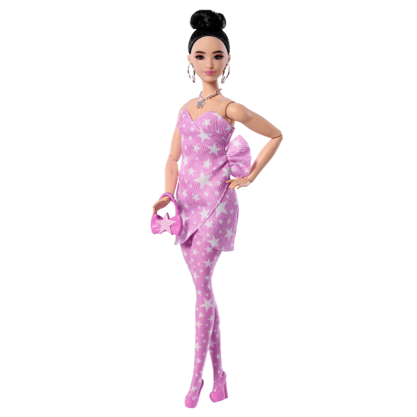 Кукла Barbie "Модница в розовом джинсовом платье с принтом звезд"