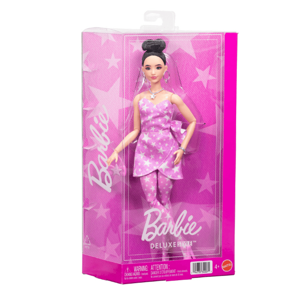 Кукла Barbie "Модница в розовом джинсовом платье с принтом звезд"