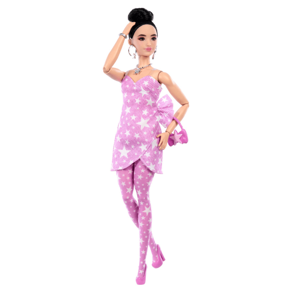 Кукла Barbie "Модница в розовом джинсовом платье с принтом звезд"