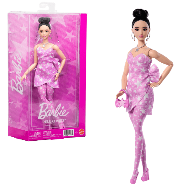 Кукла Barbie "Модница в розовом джинсовом платье с принтом звезд"