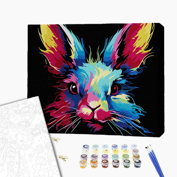 Pictură pe numere 30*40 сm (pânză neagră/fără cutie) – Iepuraș neon