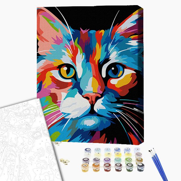 Pictură pe numere 30*40 сm (pânză neagră/fără cutie) – Pisică colorată