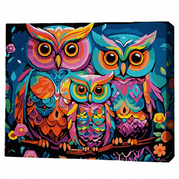 Pictură pe numere 30*40 сm (pânză neagră/fără cutie) – Familia de bufnițe